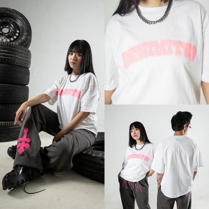 DENIMITUP Logo Tee - Pink On White - T-Shirt