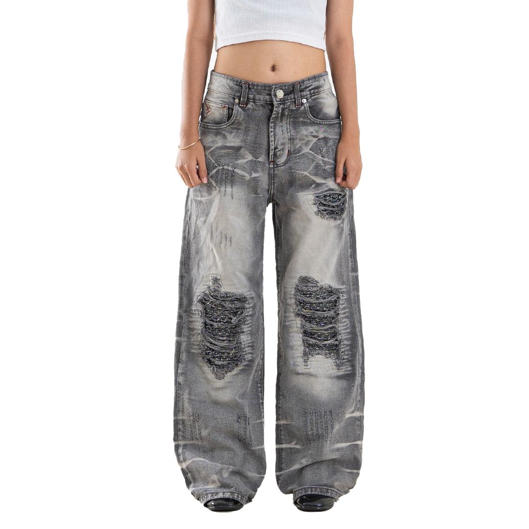 H1 Low Waist Baggy Songket Ladies Jeans - Iron Grey - Jeans