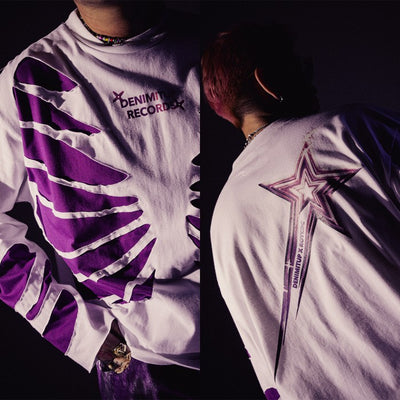 DENIMITUP records x Roycdc - White star long crop shirt - Baju Kaos