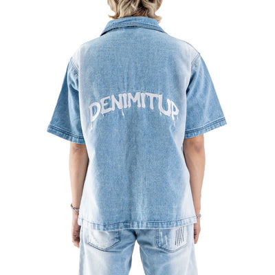 DENIMITUP embroidered work denim shirt - Side light blue - Baju Kaos