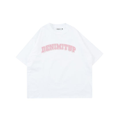 DENIMITUP Logo Tee - Pink On White - T-Shirt