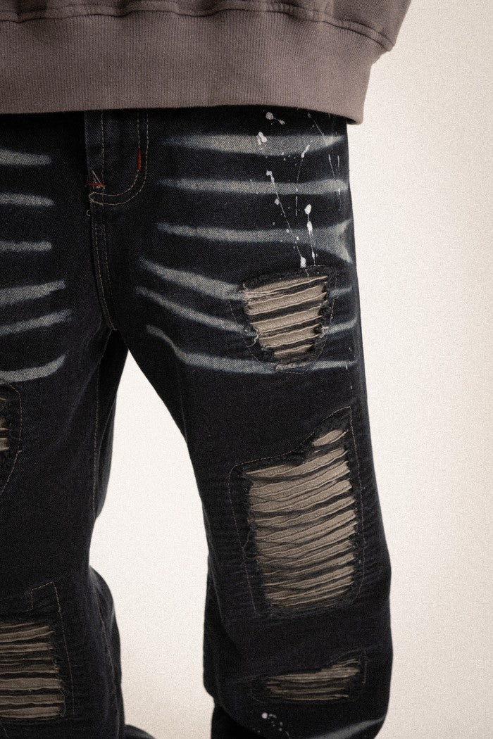 H1 baggy leather - Falcon black splatter - Celana Jeans