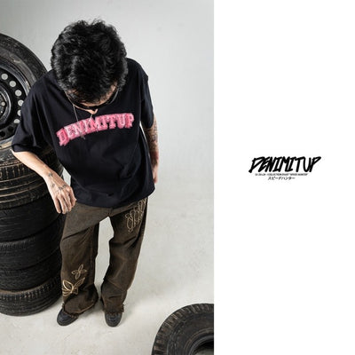 DENIMITUP Logo Tee - Pink On Black - Baju Pria