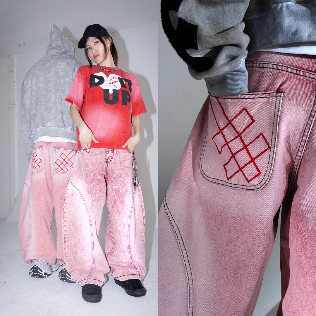 A1 Low Waist Wide Barrel Ladies Jeans - Grain Dual Pink