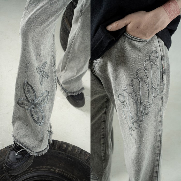 H1 Baggy Batik Embroidered - Snowish Asphalt Grey - Celana Jeans