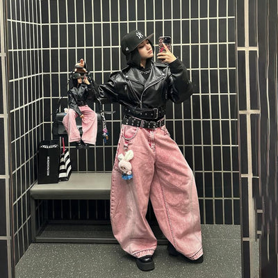 A1 Low Waist Wide Barrel Ladies Jeans - Grain Dual Pink