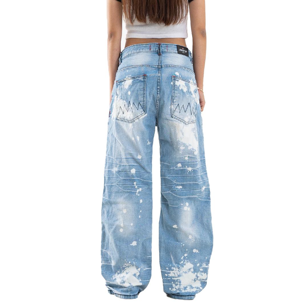 H1 Low Waist Baggy Songket Ladies Jeans - Light Blue Splashes