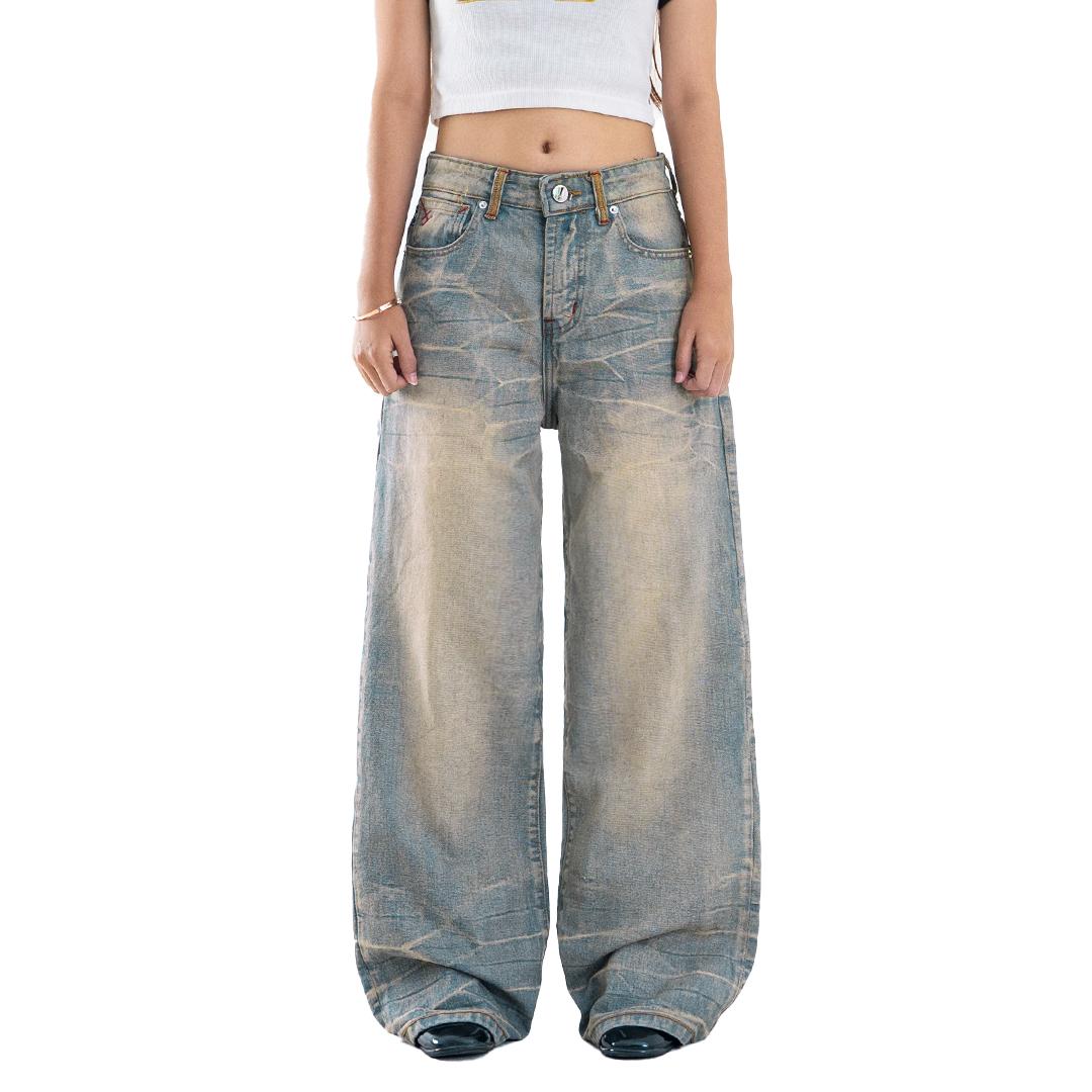 H1 Low Waist Baggy Ladies Jeans - Cream Blue