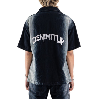 DENIMITUP embroidered work denim shirt - Side stone black- Baju Kaos