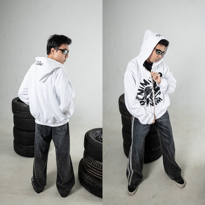 DENIMITUP Garuda Double Zip Hoodie - White - Hoodie