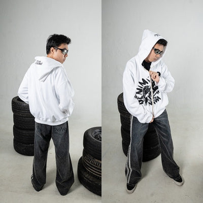 DENIMITUP Garuda Double Zip Hoodie - White - Hoodie pria