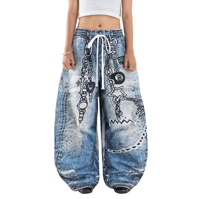 Mega Baggy Fleenim Sweat Pants Ladies - Cartoon Chain faded