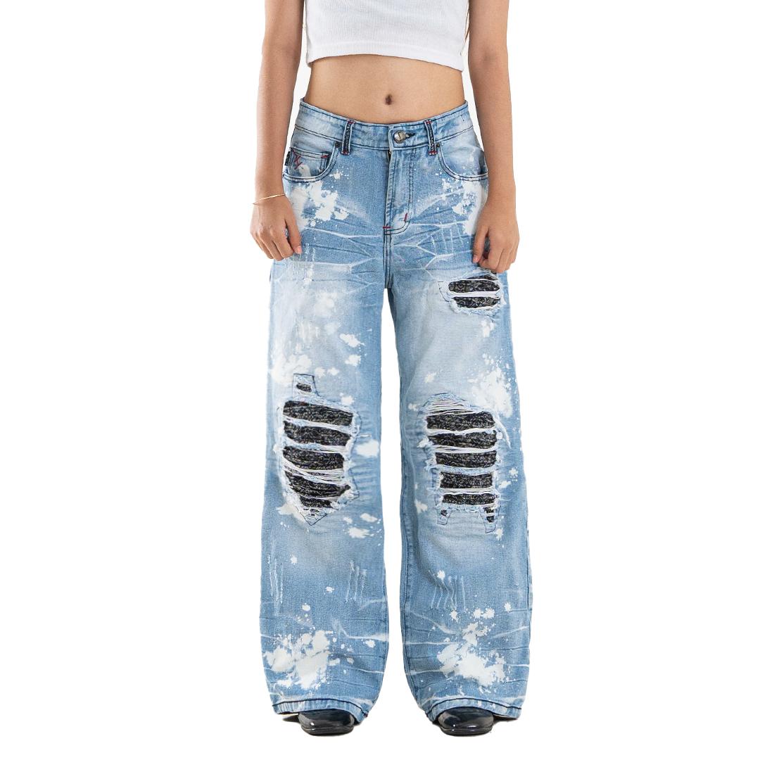 H1 Low Waist Baggy Songket Ladies Jeans - Light Blue Splashes