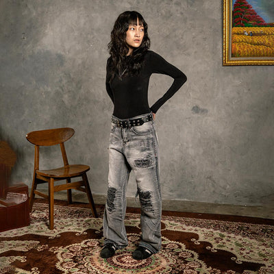 H1 Low Waist Baggy Songket Ladies Jeans - Iron Grey - Jeans