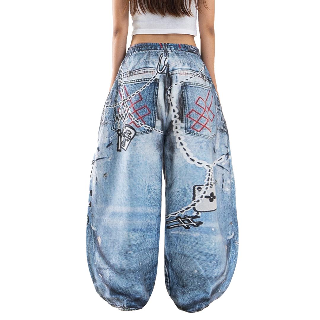Mega Baggy Fleenim Sweat Pants Ladies - Cartoon Chain faded