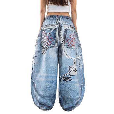 Mega Baggy Fleenim Sweat Pants Ladies - Cartoon Chain faded