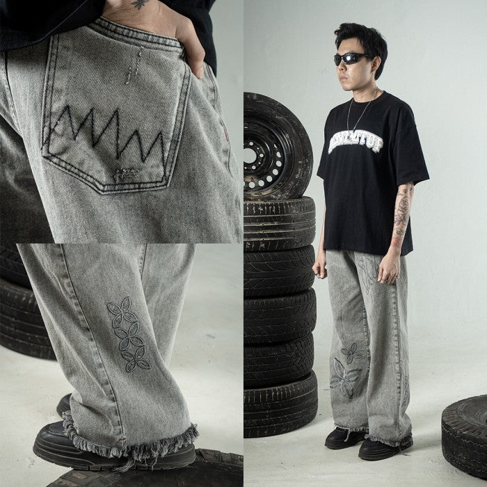 H1 Baggy Batik Embroidered - Snowish Asphalt Grey - Celana Jeans