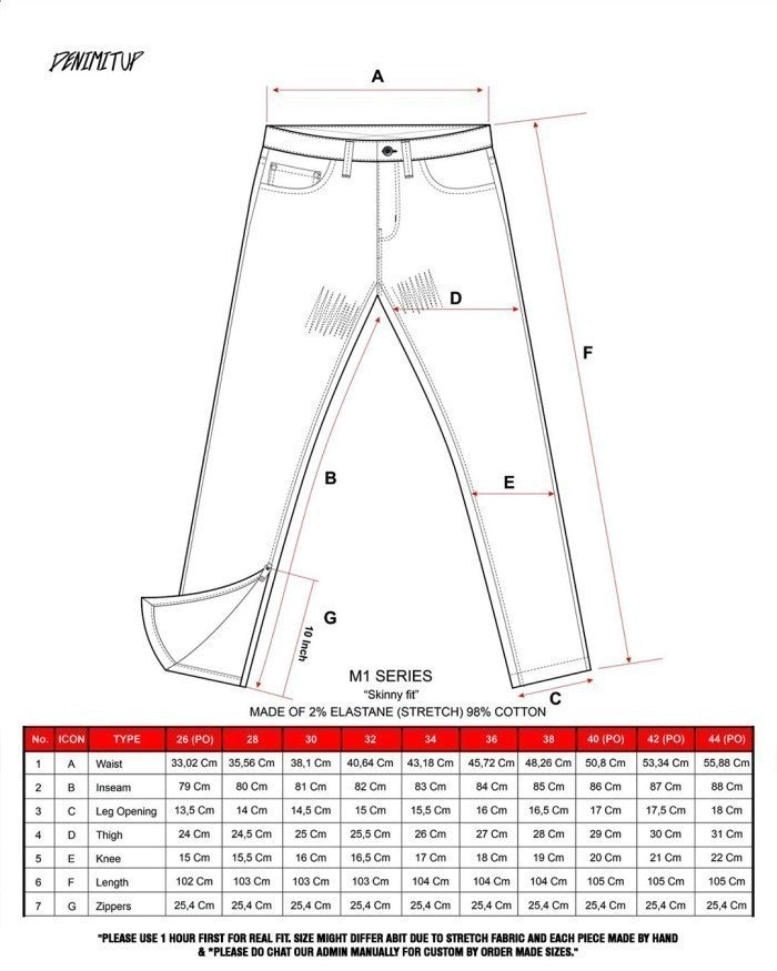 Size guide for M1 mid distressed - Artic dual stripes - Jeans Pants