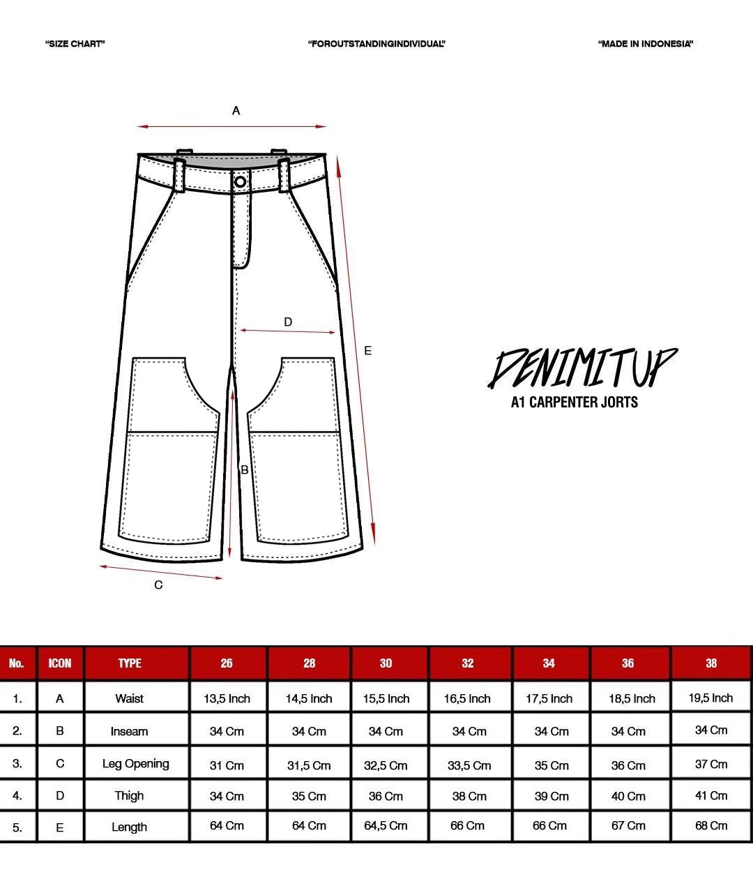 Size guide for A1 Carpenter Jorts Ladies - Ice White