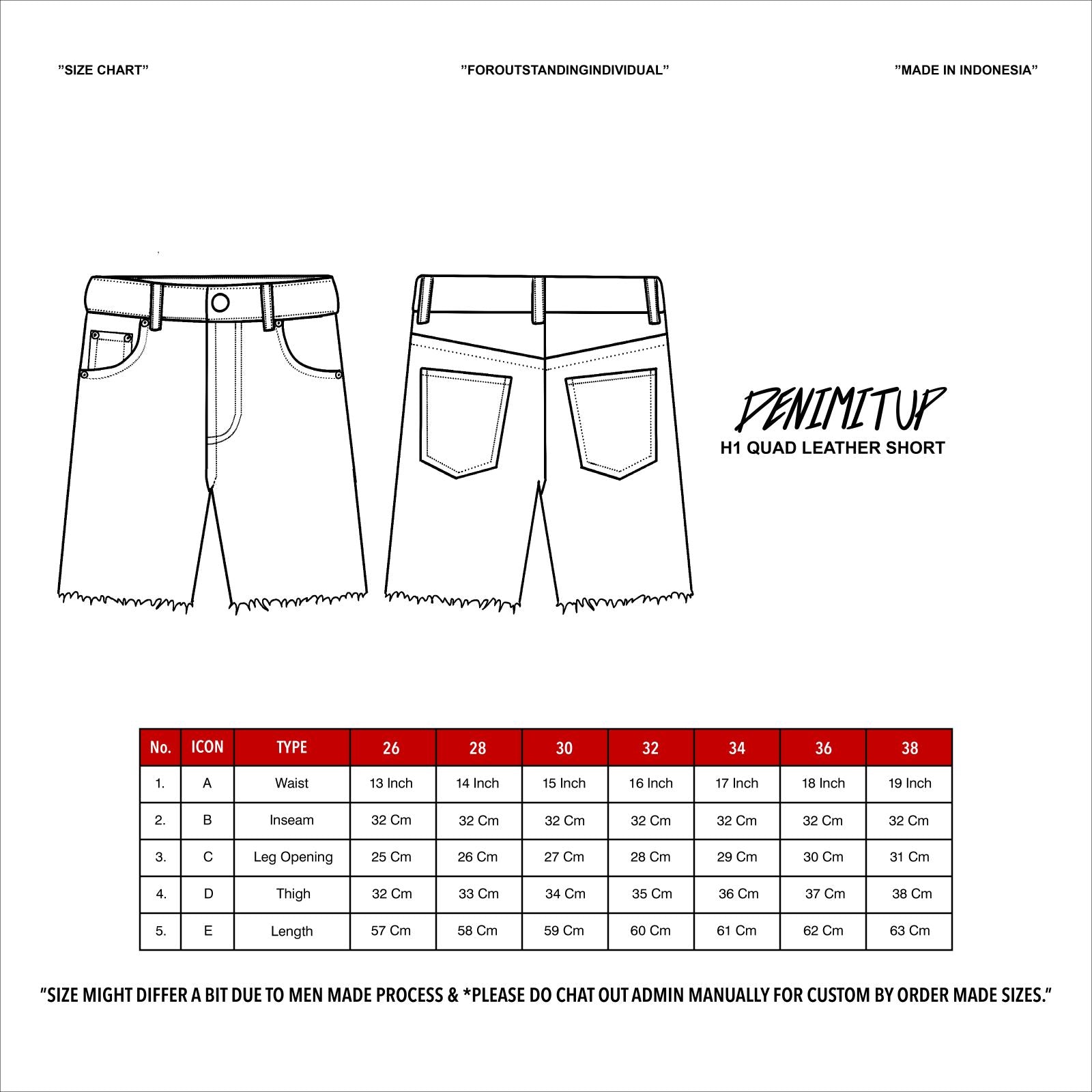 Size guide for H1 quad leather short - Side light blue wash - Short Pants
