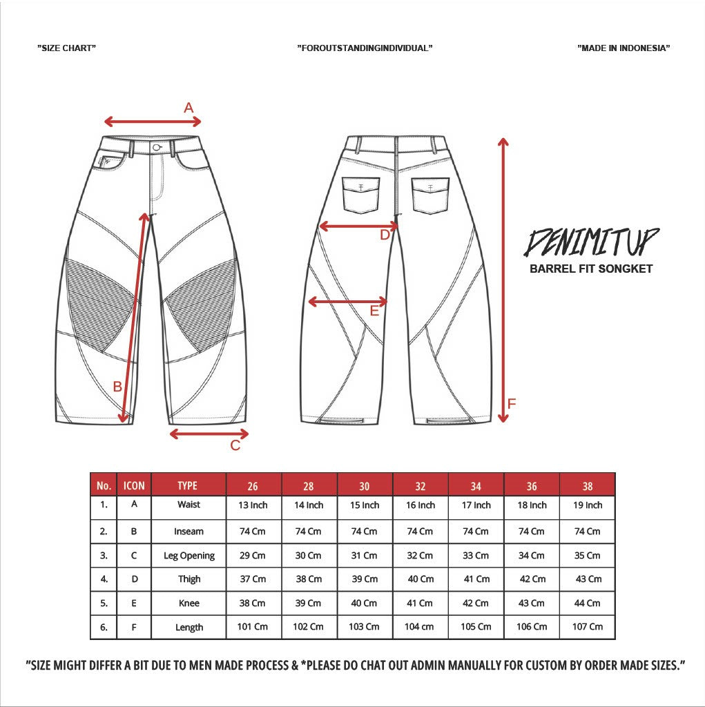 Size guide for A1 Wide Barrel Songket - Skull Titanium - Jeans