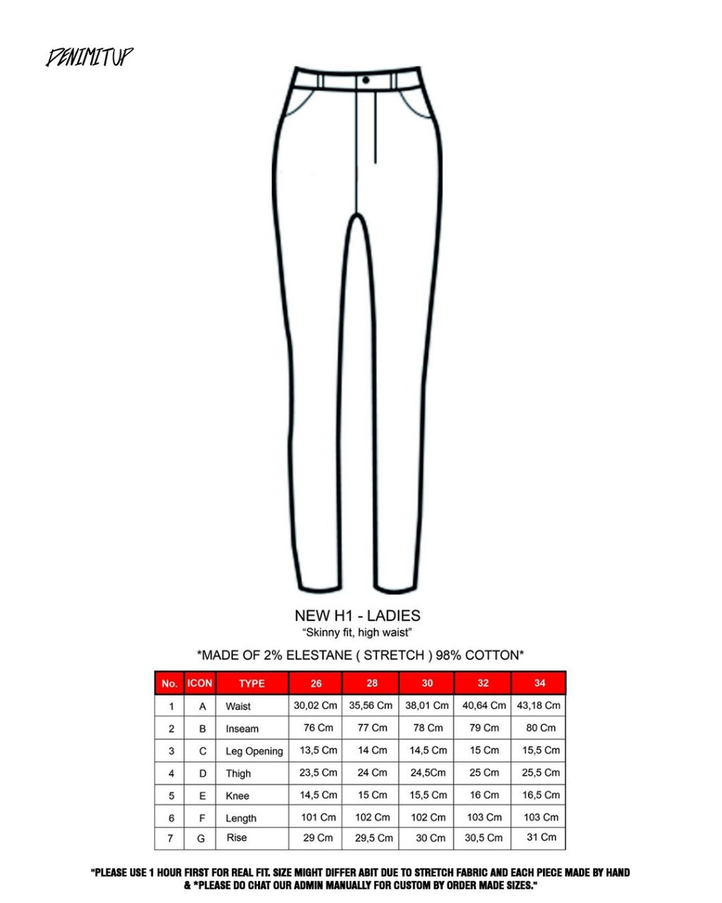 Size guide for H1 Batik Ladies - Sky Blue Splash 2 - Jeans Pants