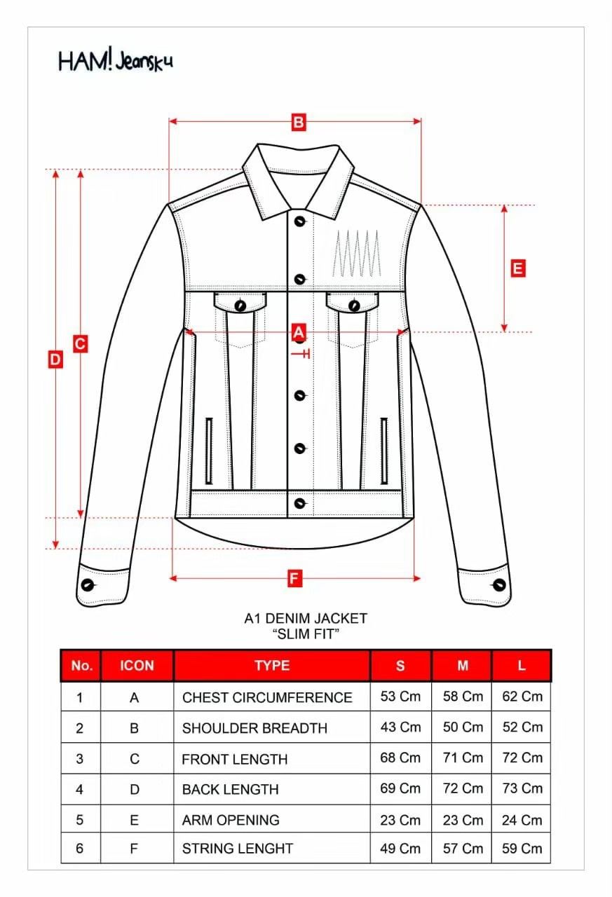 Size guide for A1 Jacket - Jet Black - Denim Jacket