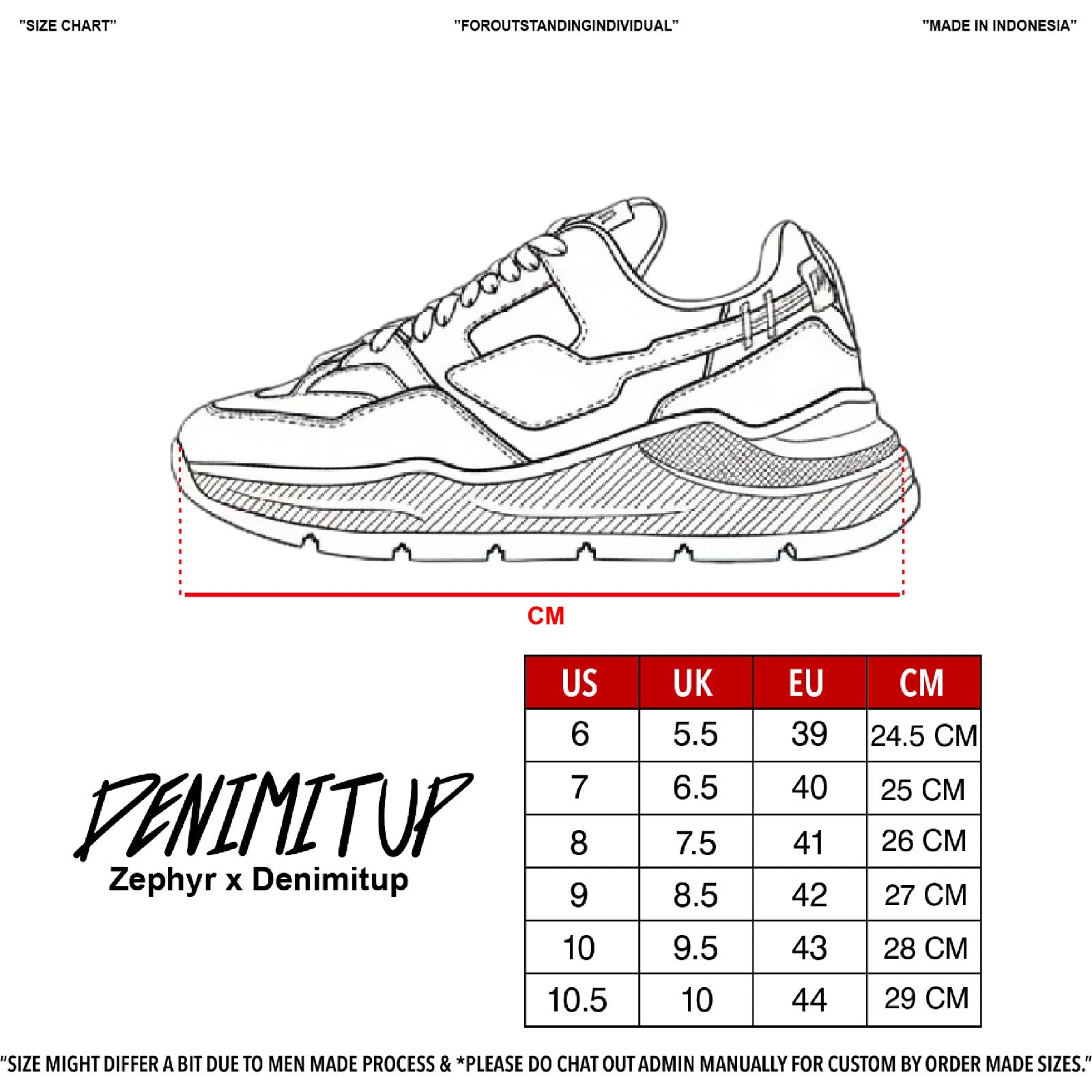 Size guide for Zephyr x Denimitup - Diablo Sky - Shoes