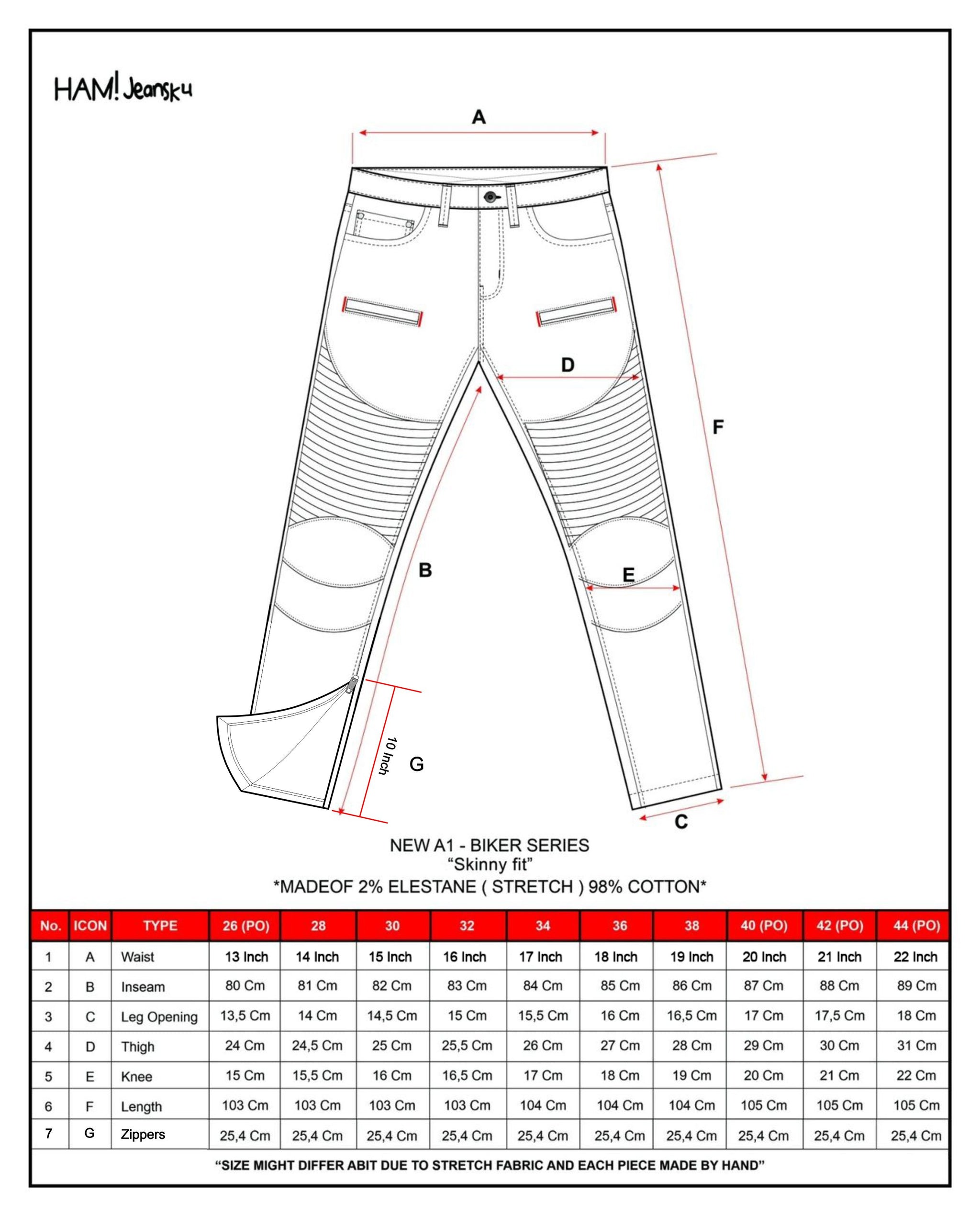 Size guide for A1 biker - Asphalt grey - Celana Jeans