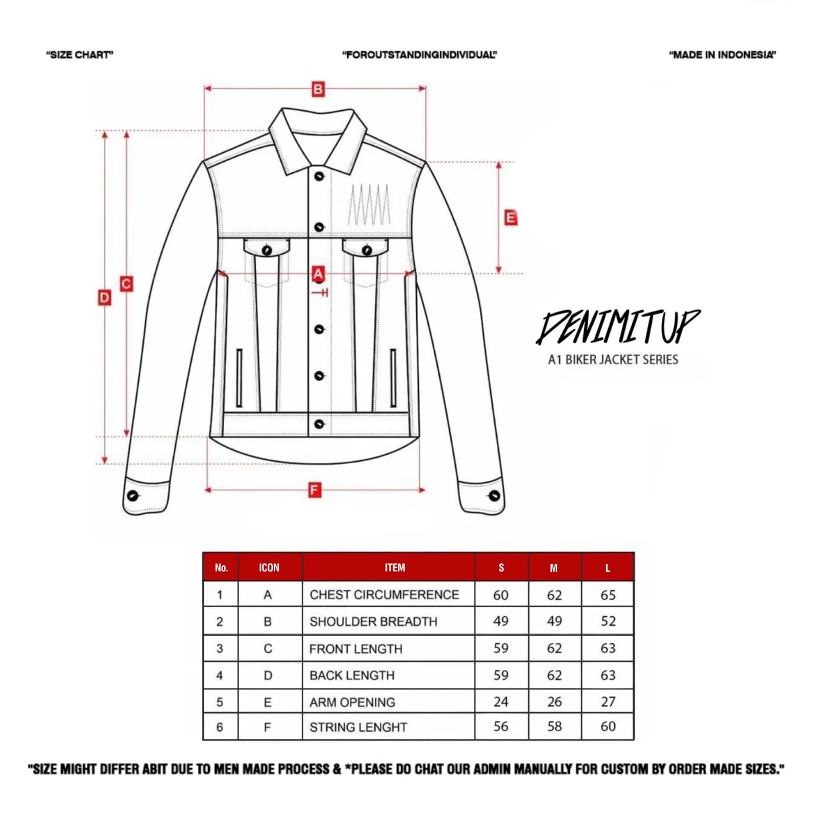Size guide for A1 Biker Jacket - Carbon Cream Stone - Denim Jacket