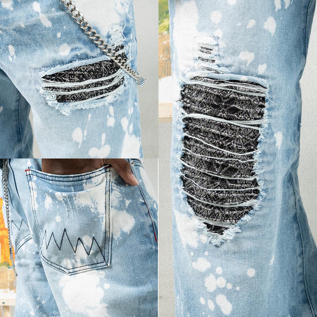 H1 Low Waist Baggy Songket Ladies Jeans - Light Blue Splashes