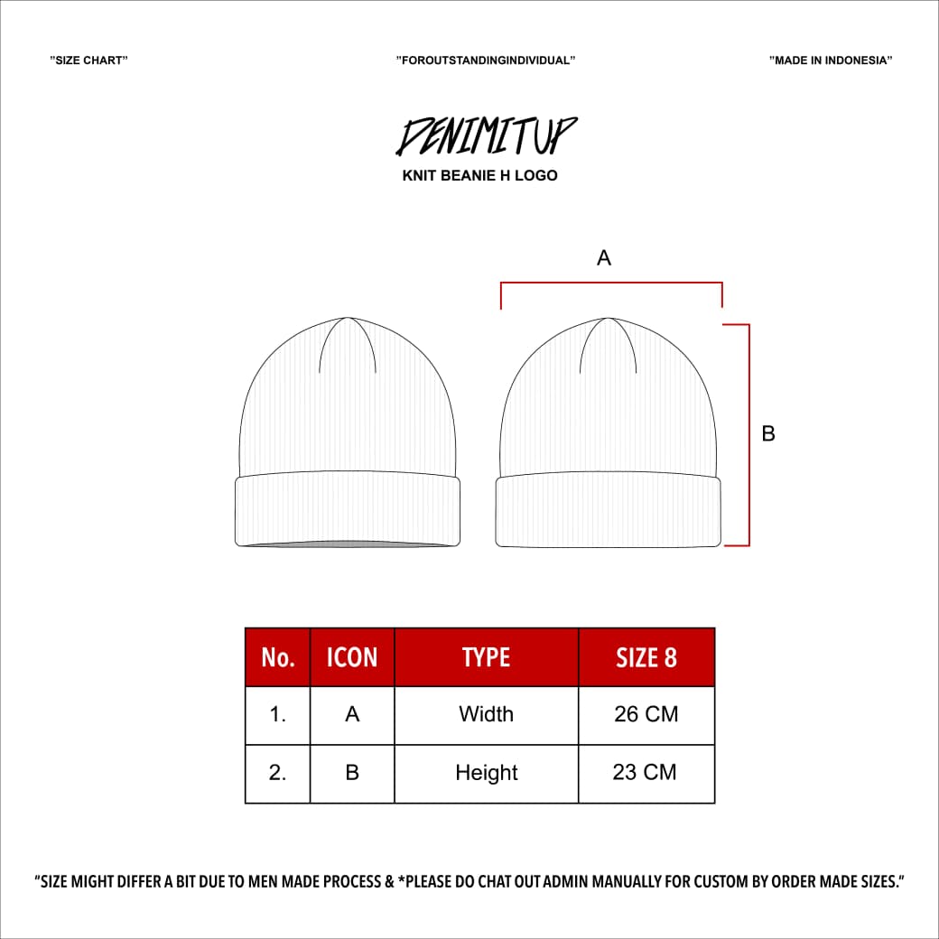 Size guide for Denimitup Knit Beanie H Logo - Black on Black - Beanie