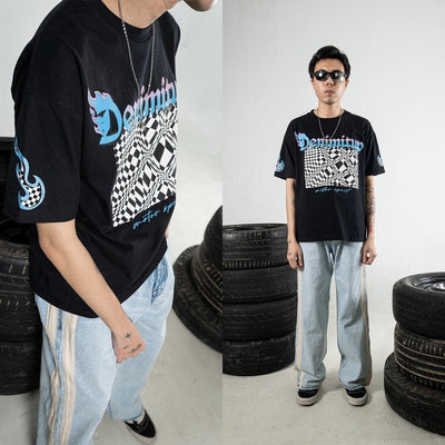 DENIMITUP Cheqered Flag Tee - Japan Black - Baju Pria