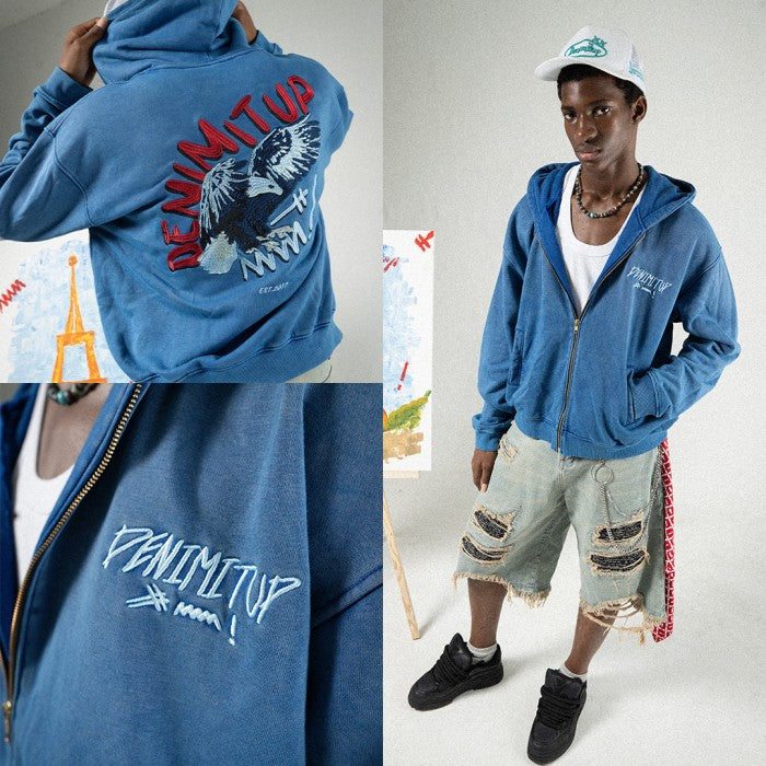 Denimitup Garuda Trilogo Embroidered Zip Hoodie - Benhur Washed Blue - Hoodie