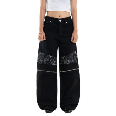 H1 Low Waist Baggy Biker Batik Zip Ladies - Black