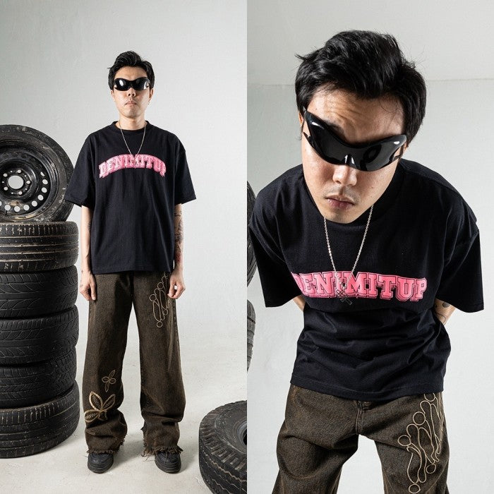 DENIMITUP Logo Tee - Pink On Black - Baju Pria