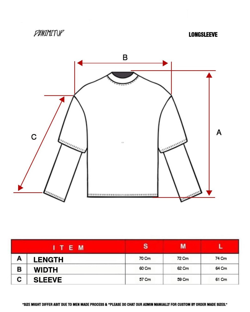 Size guide for Denimitup trilogo double layer - Dual brown tee - Long Sleeve T-Shirt