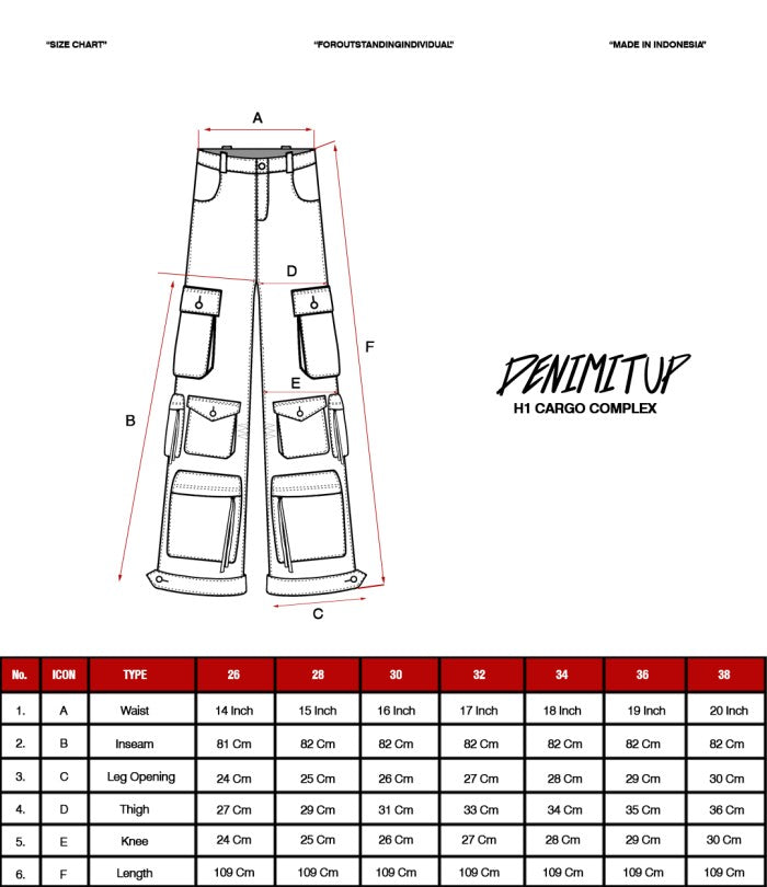 Size guide for A1 cargo complex - Chroma fusion - Jeans Pants