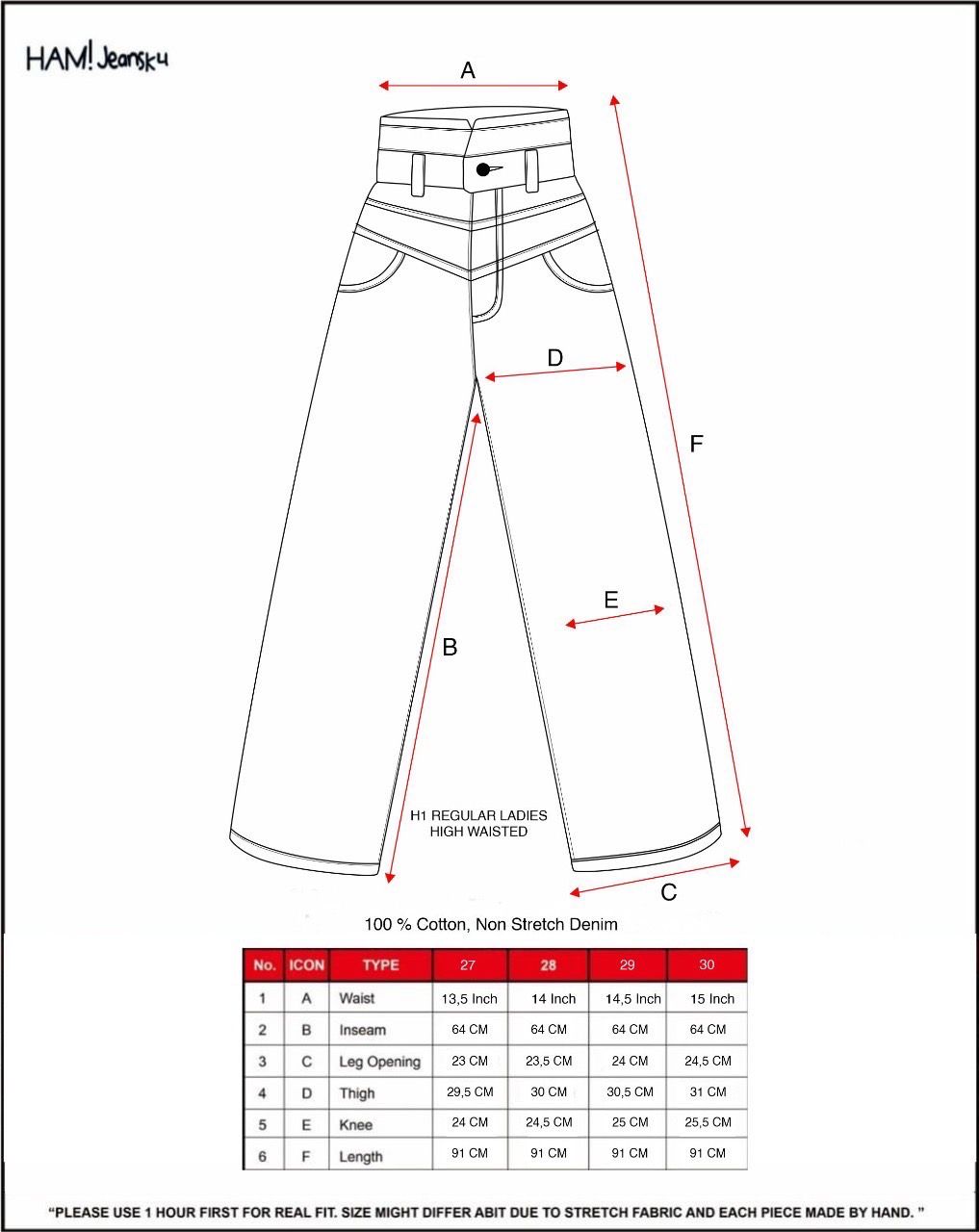 Size guide for A1 Ladies High Waisted Dist. - Creme bleu - Jeans Pants