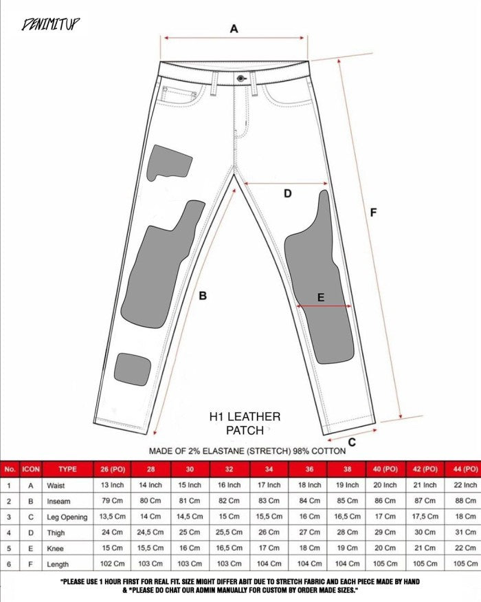 Size guide for H1 Leather Patch - Light grey - Jeans Pants
