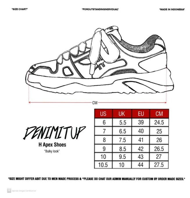 Size guide for H Apex Denimitup - Blazing Coal Black - Sepatu Pria