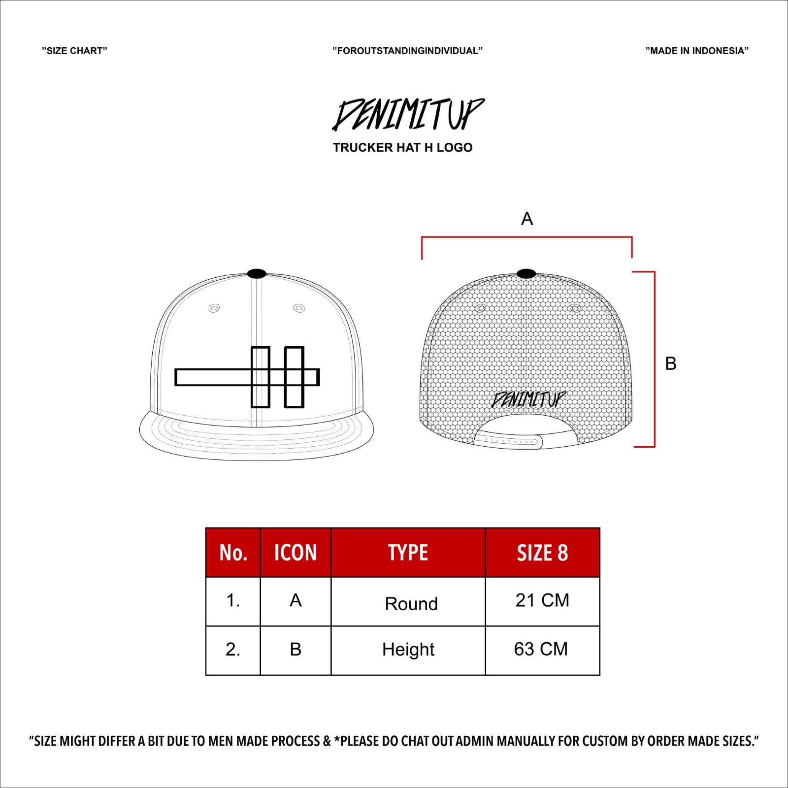 Size guide for Denimitup Trucker Hat H Logo - Black on Black - Hat