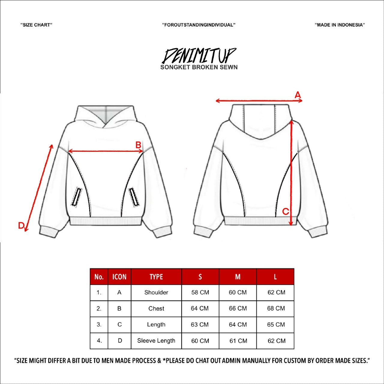 Size guide for Denimitup Songket Broken Sewn - White Spray - Hoodie