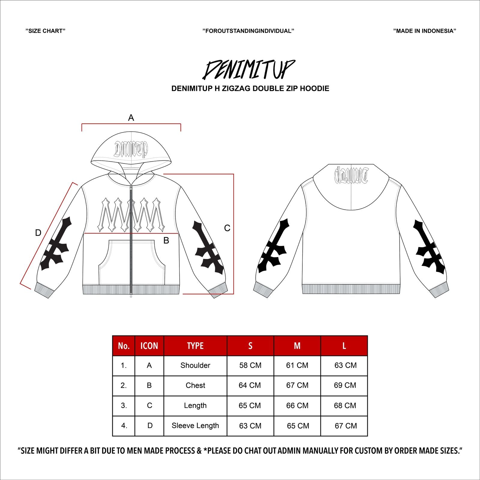Size guide for Denimitup H zigzag Double Zip - Artsy Grey - Hoodie