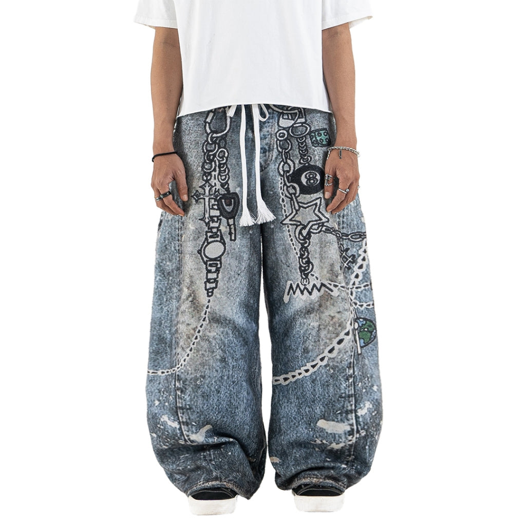 Mega Baggy Fleenim - Cartoon Chain Faded Blue - Long Pants
