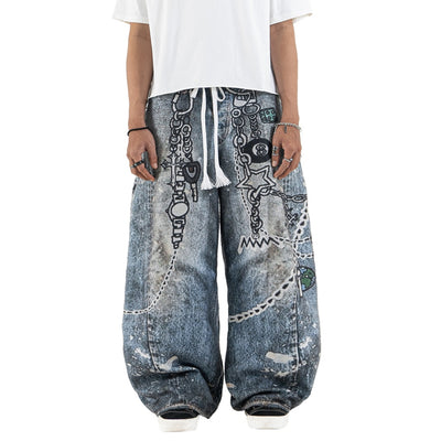 Mega Baggy Fleenim - Cartoon Chain Faded Blue - Long Pants