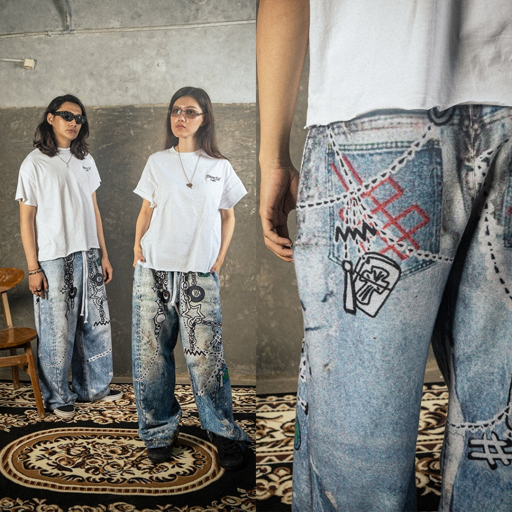 Mega Baggy Fleenim - Cartoon Chain Faded Blue - Long Pants