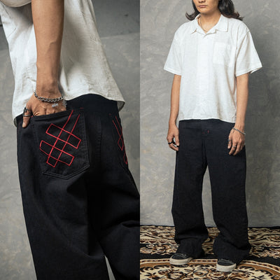 H1 Baggy H Embroidered Back Pocket - Black - Jeans