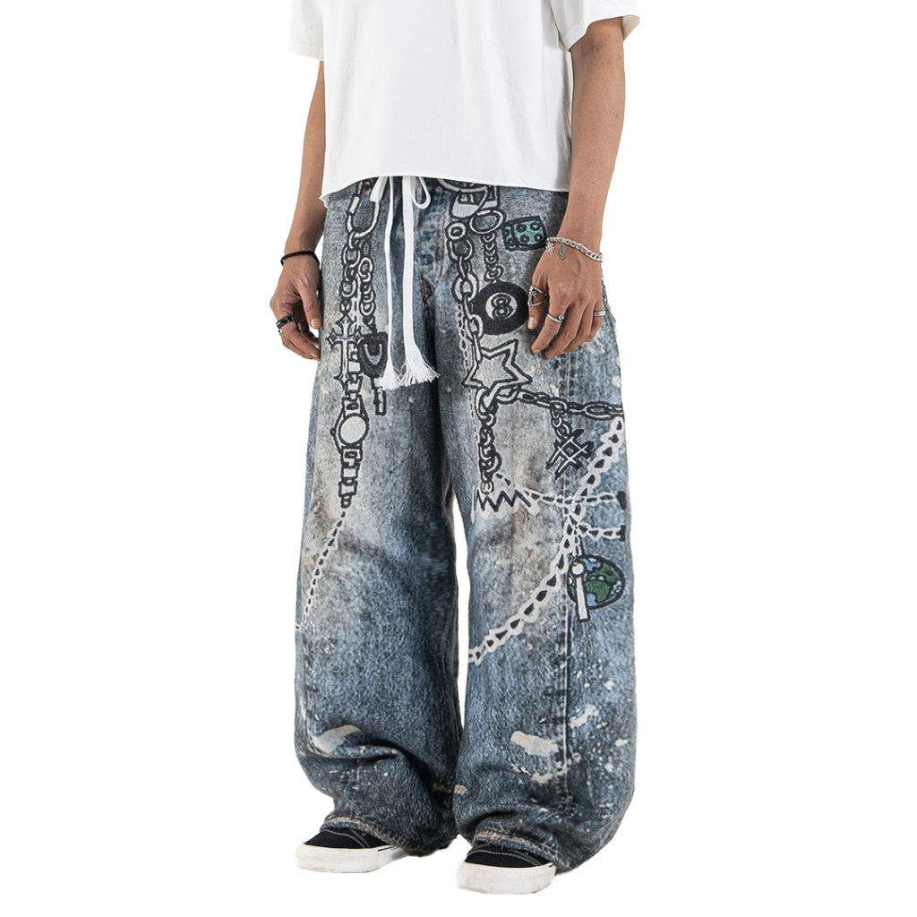 Mega Baggy Fleenim - Cartoon Chain Faded Blue - Long Pants