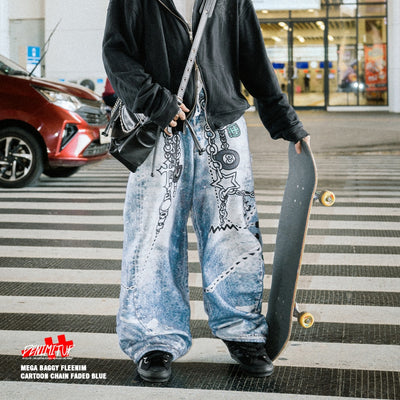 Mega Baggy Fleenim - Cartoon Chain Faded Blue - Long Pants
